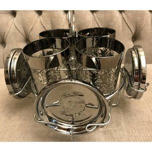 VTG Kimiko Guardian Knight Silver Cocktail Set Of 4 Glasses + Coasters Caddy.